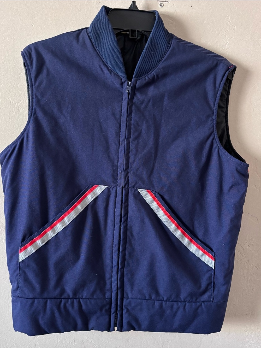 Vintage USPS Postal Service Puffer Vest Navy Blue Red Stripe Uniform